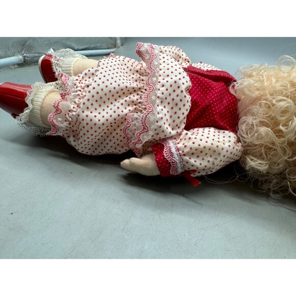 Vintage Handmade Cloth Doll Blonde Curly Hair Polka Dot Dress & Red Shoes READ - Picture 10 of 11